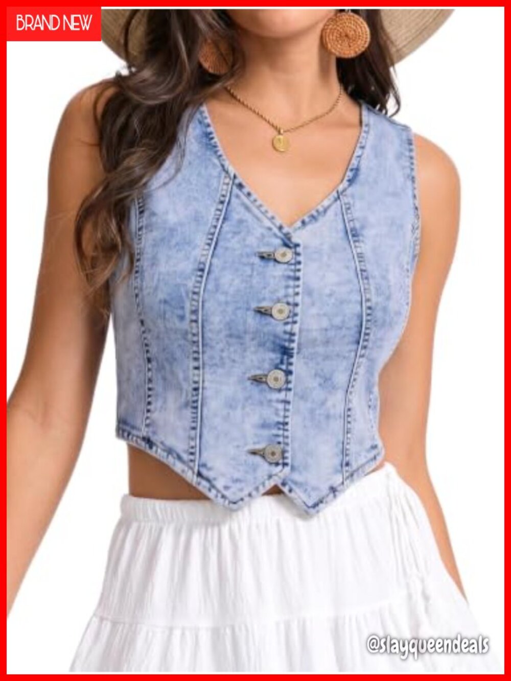 Women's Denim Vest Crop Jean Western Button Down V Neck Sleeveless